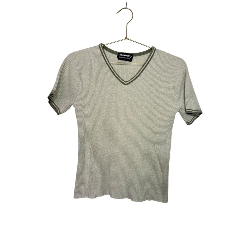 VTG Absolutely By Creative Cotton Ribbed V-Neck Short Sleeve Top Green Women M‎